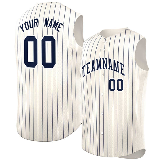 Custom Cream Navy-White Sleeveless Stripe Fashion Baseball Jersey