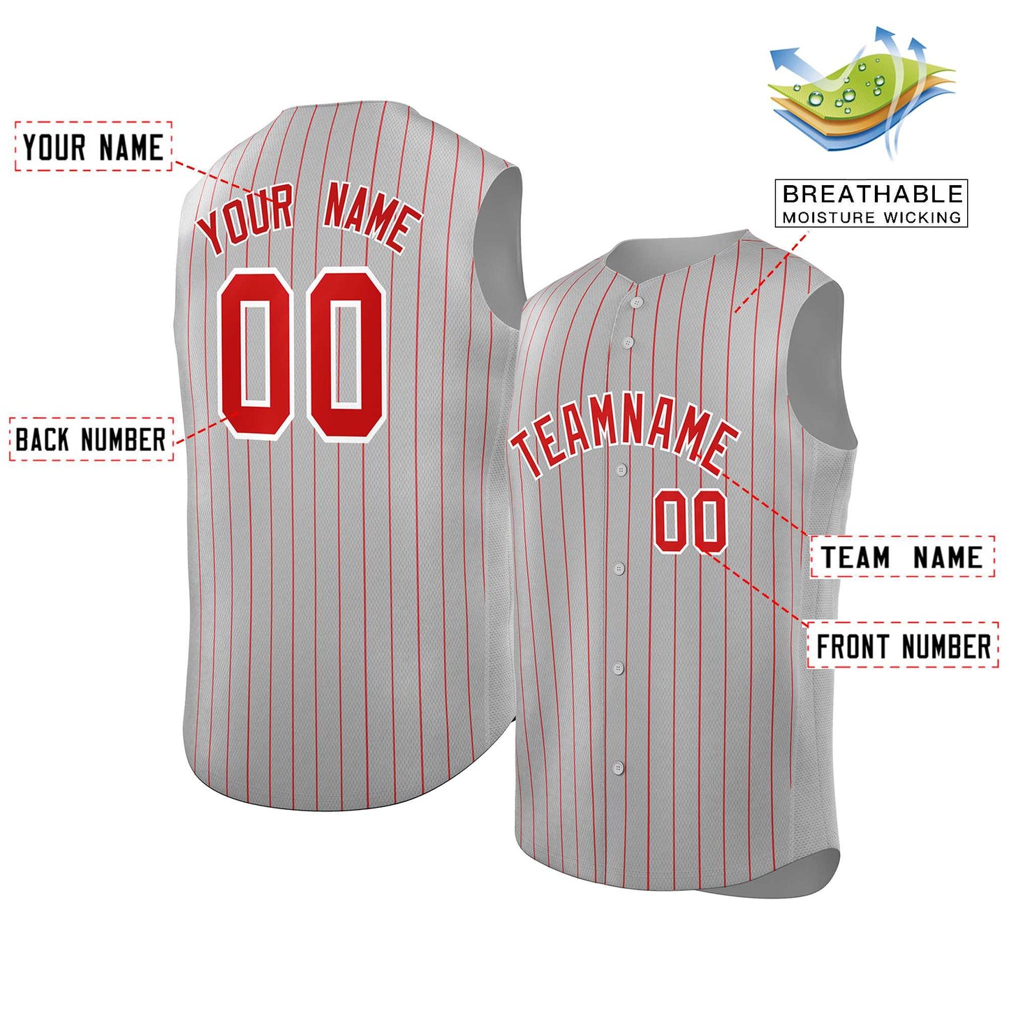 Custom Gray Red-White Sleeveless Stripe Fashion Baseball Jersey