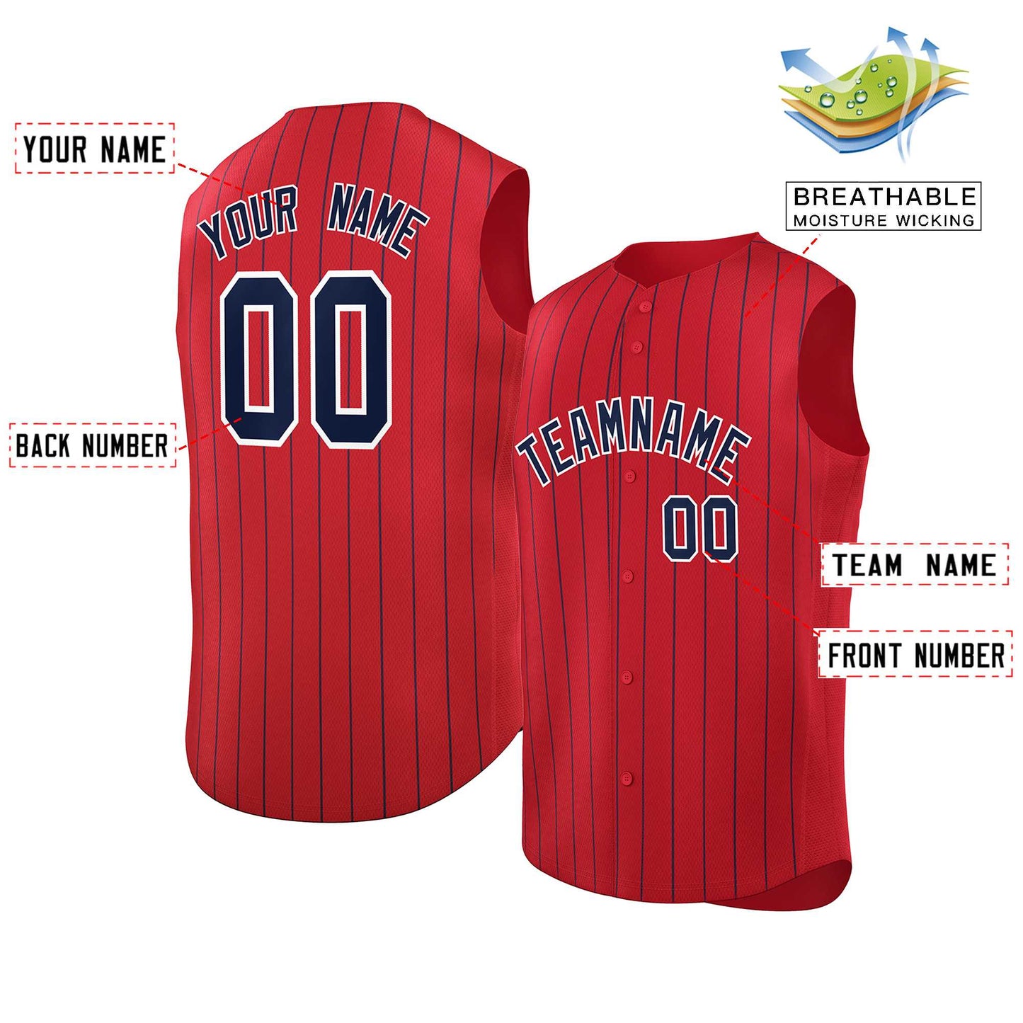 Custom Red Navy-White Sleeveless Stripe Fashion Baseball Jersey