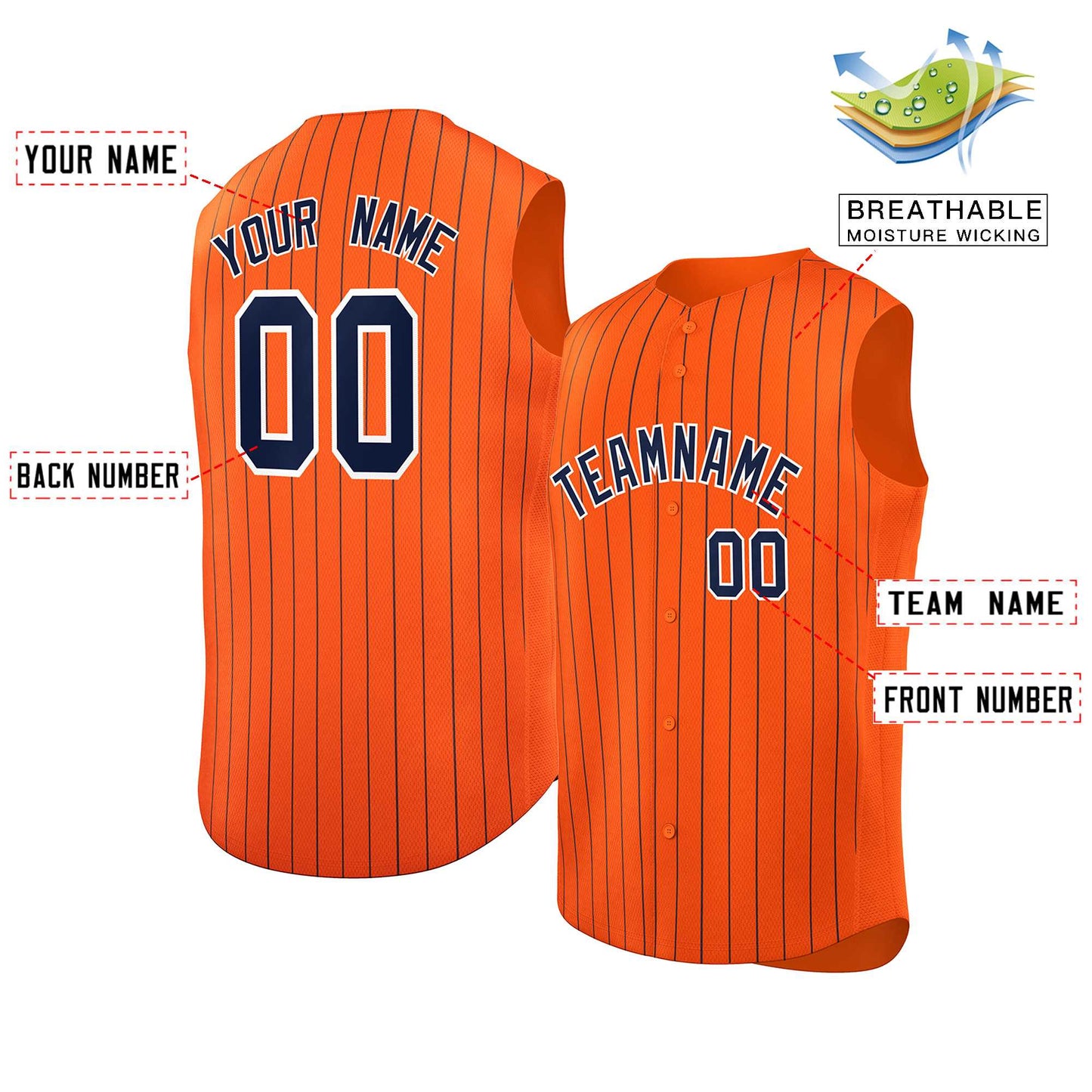 Custom Orange Navy-White Sleeveless Stripe Fashion Baseball Jersey