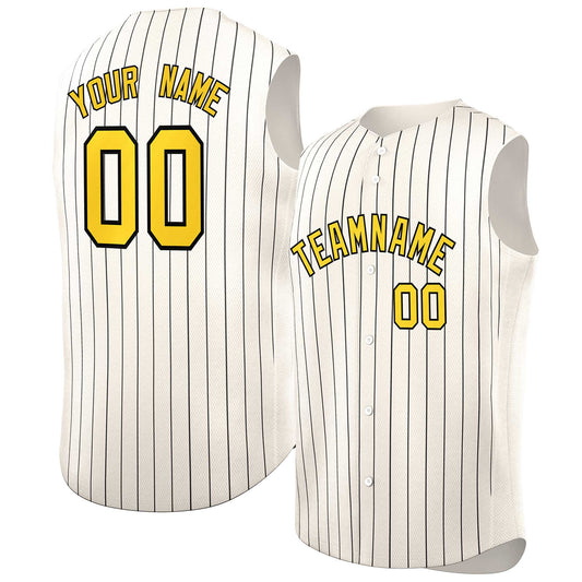 Custom Cream Gold-Black Sleeveless Stripe Fashion Baseball Jersey