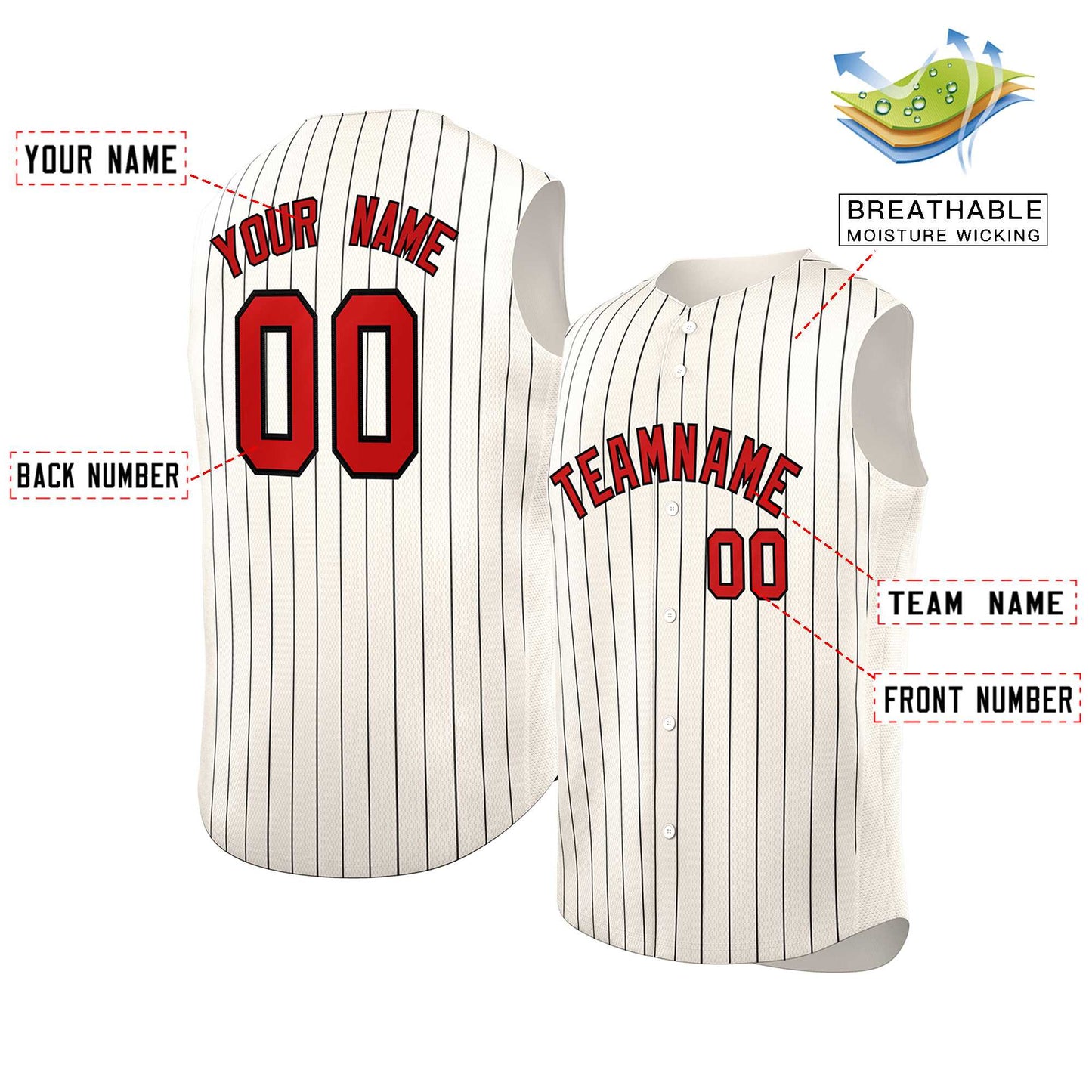 Custom Cream Red-Black Sleeveless Stripe Fashion Baseball Jersey