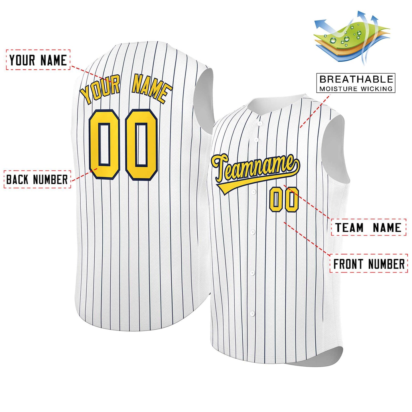 Custom White Gold-Navy Sleeveless Stripe Fashion Baseball Jersey