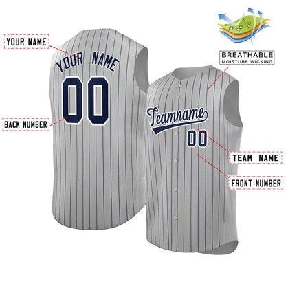 Custom Gray Navy-White Sleeveless Stripe Fashion Baseball Jersey