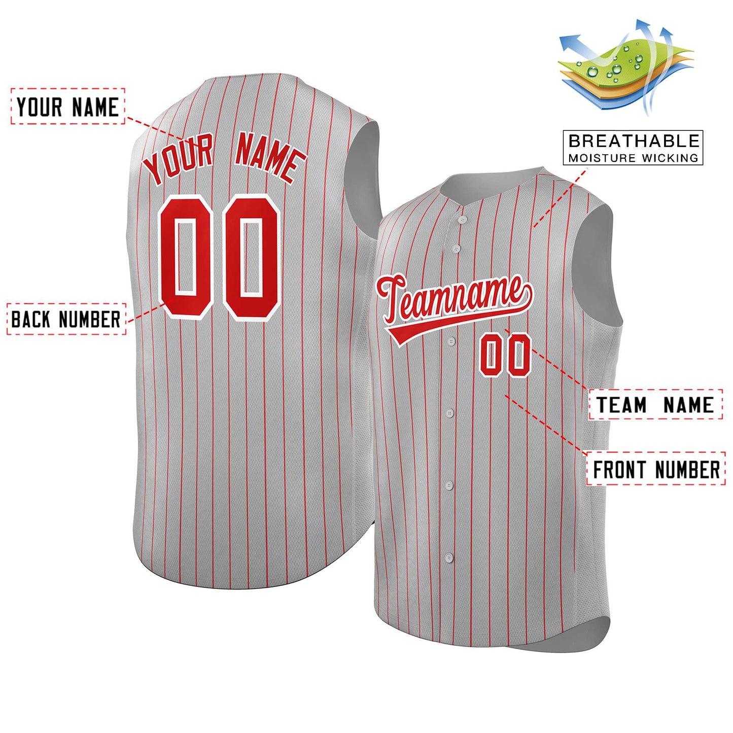 Custom Gray Red-White Sleeveless Stripe Fashion Baseball Jersey