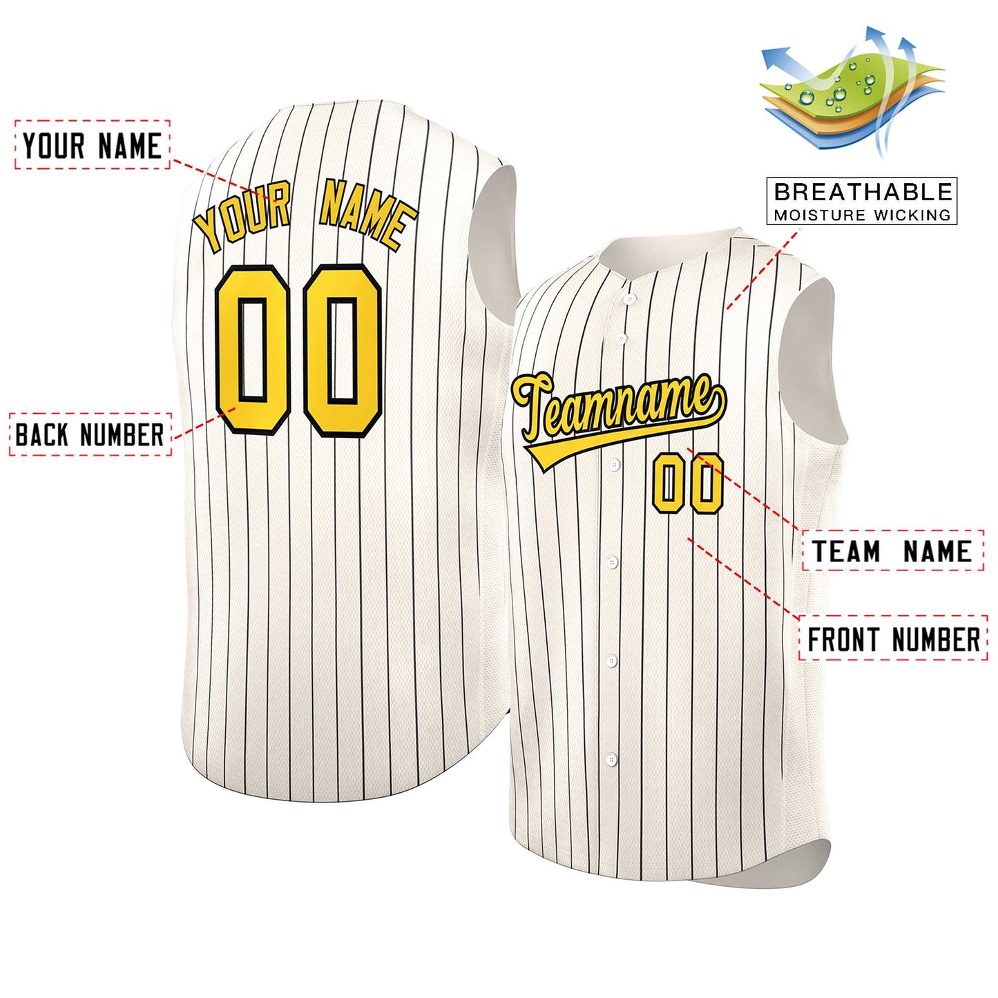 Custom Cream Gold-Black Sleeveless Stripe Fashion Baseball Jersey