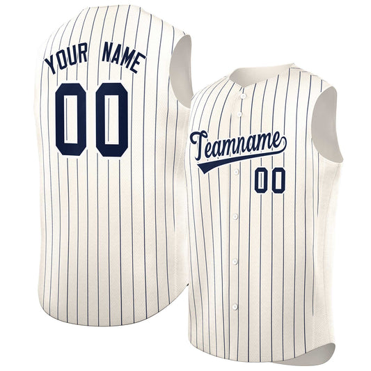 Custom Cream Navy-White Sleeveless Stripe Fashion Baseball Jersey