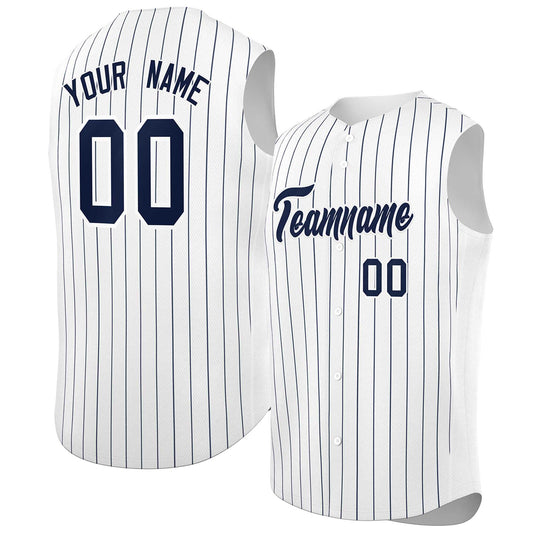 Custom White Navy-White Sleeveless Stripe Fashion Baseball Jersey