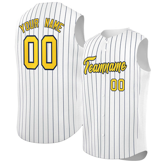 Custom White Gold-Navy Sleeveless Stripe Fashion Baseball Jersey