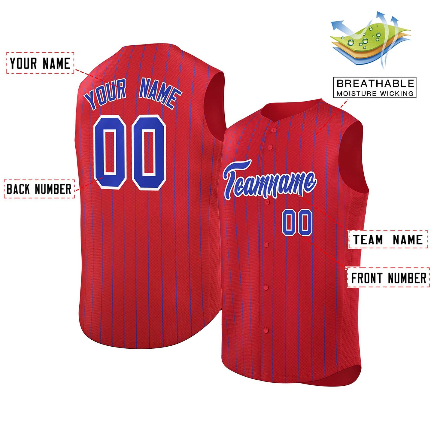 Custom Red Royal-White Sleeveless Stripe Fashion Baseball Jersey