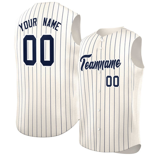 Custom Cream Navy-White Sleeveless Stripe Fashion Baseball Jersey