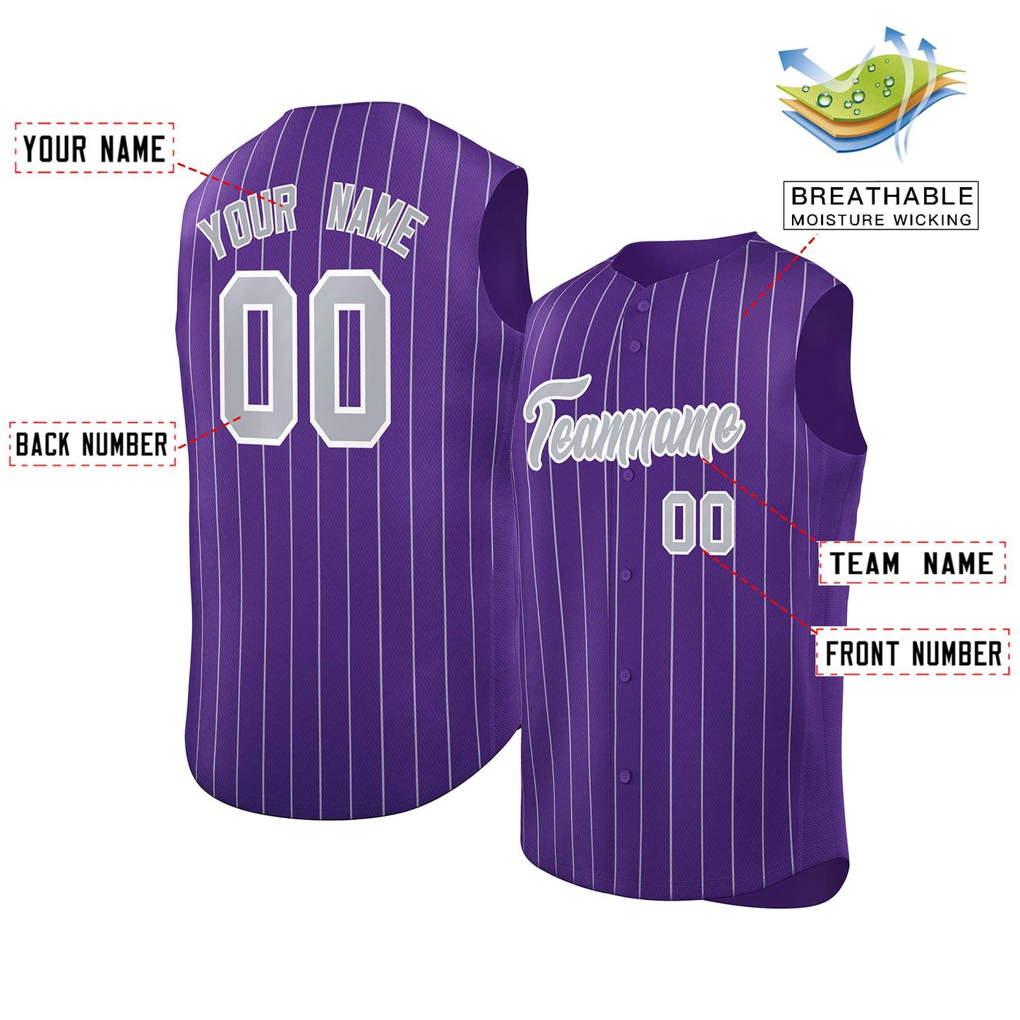 Custom Purple Gray-White Sleeveless Stripe Fashion Baseball Jersey