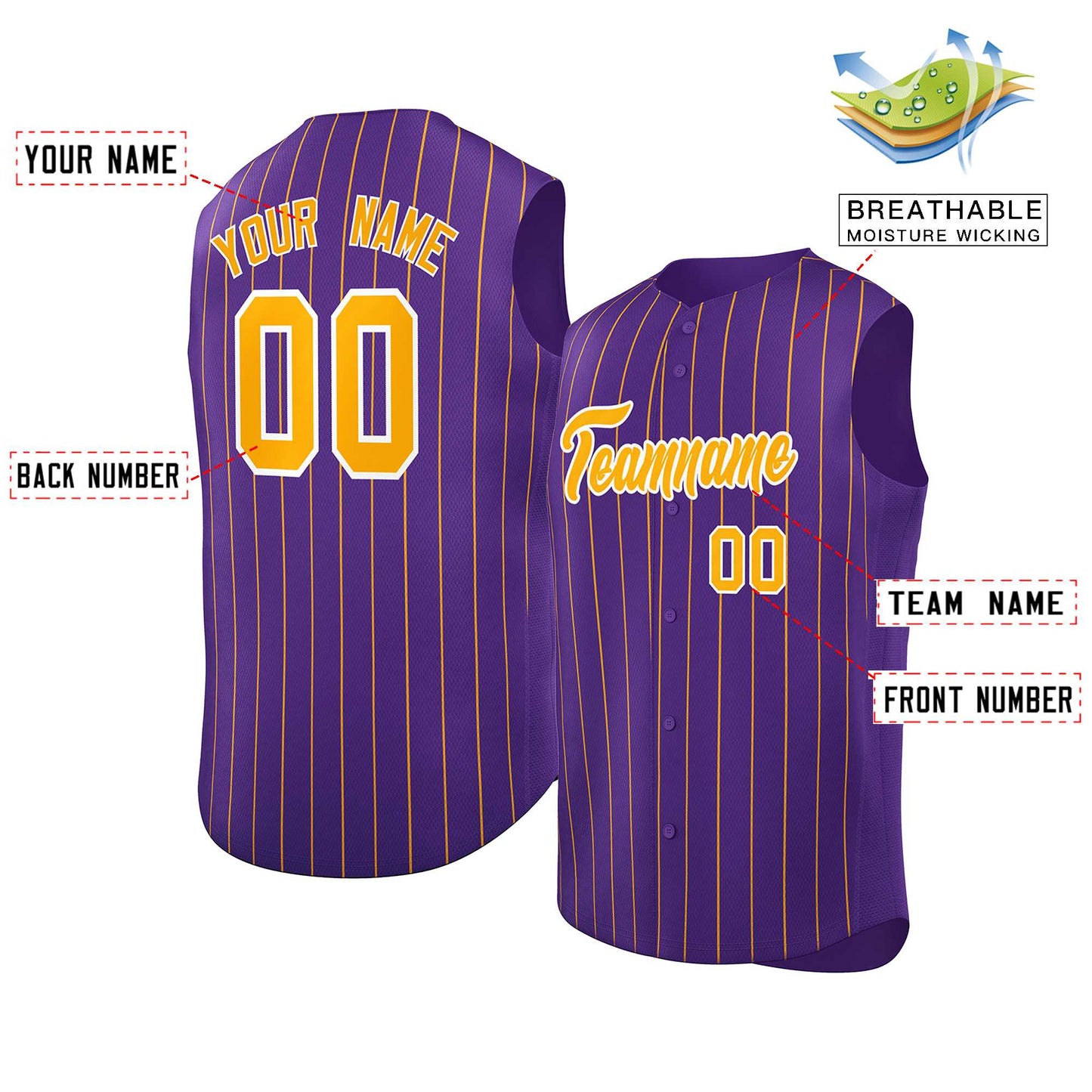 Custom Purple Yellow-White Sleeveless Stripe Fashion Baseball Jersey