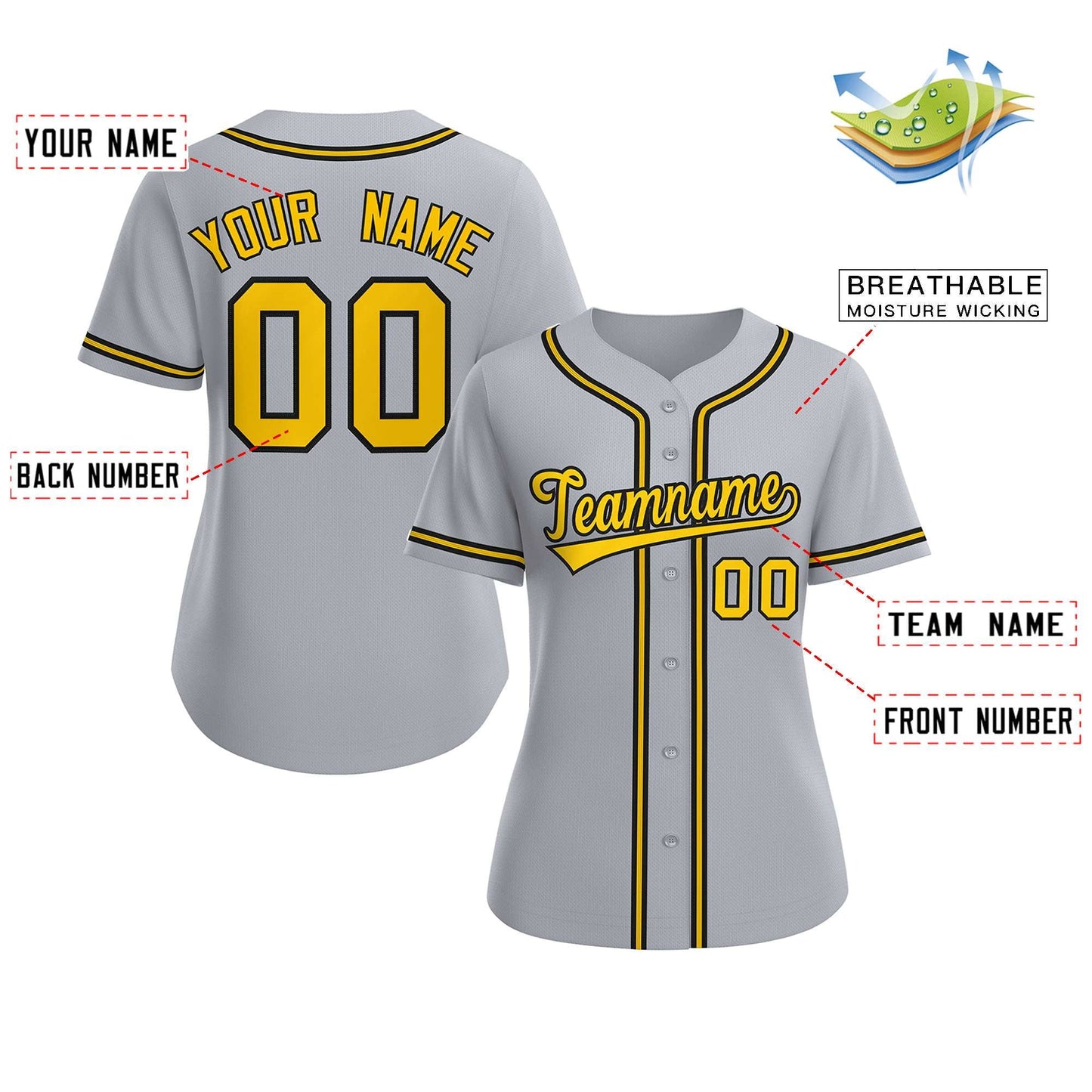 Custom Gray Gold-Black Classic Style Baseball Jersey For Women