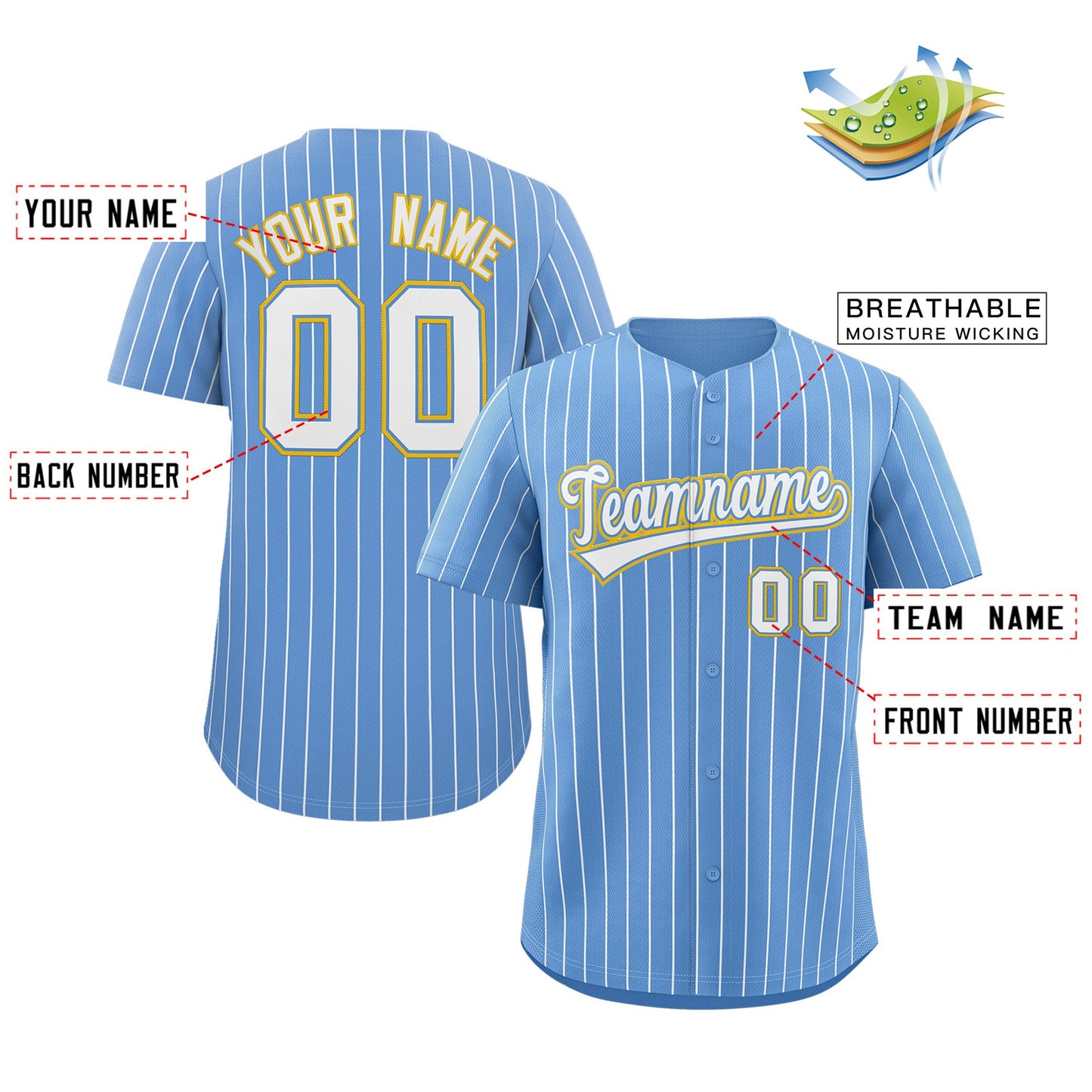 Custom Light Blue White-Gold Stripe Fashion Authentic Baseball Jersey