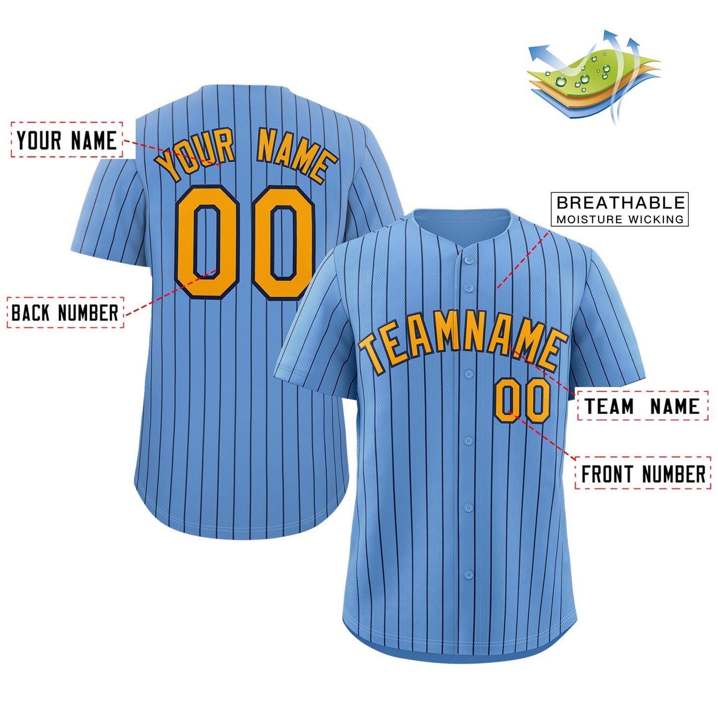 Custom Light Blue Yellow-Navy Stripe Fashion Authentic Baseball Jersey