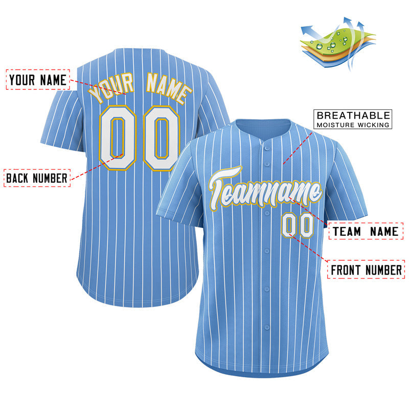 Custom Light Blue White-Gold Stripe Fashion Authentic Baseball Jersey