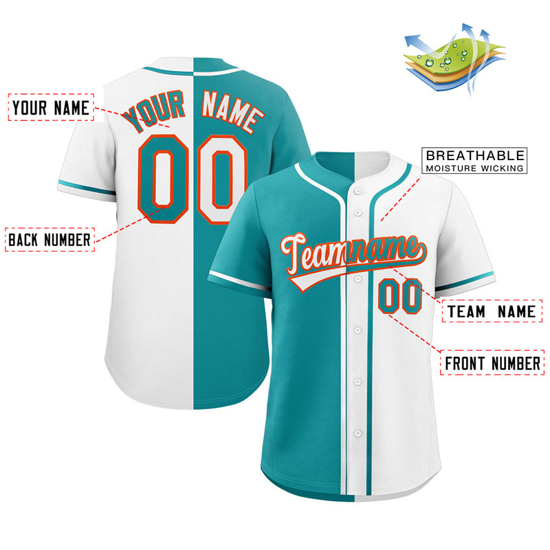 Custom White Aqua-Orange Hook Split Fashion Authentic Baseball Jersey