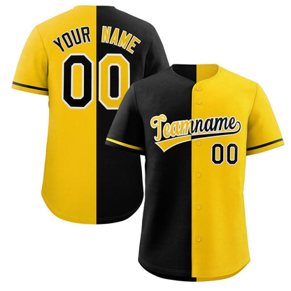 Custom Yellow Black-White Split Fashion Authentic Baseball Jersey