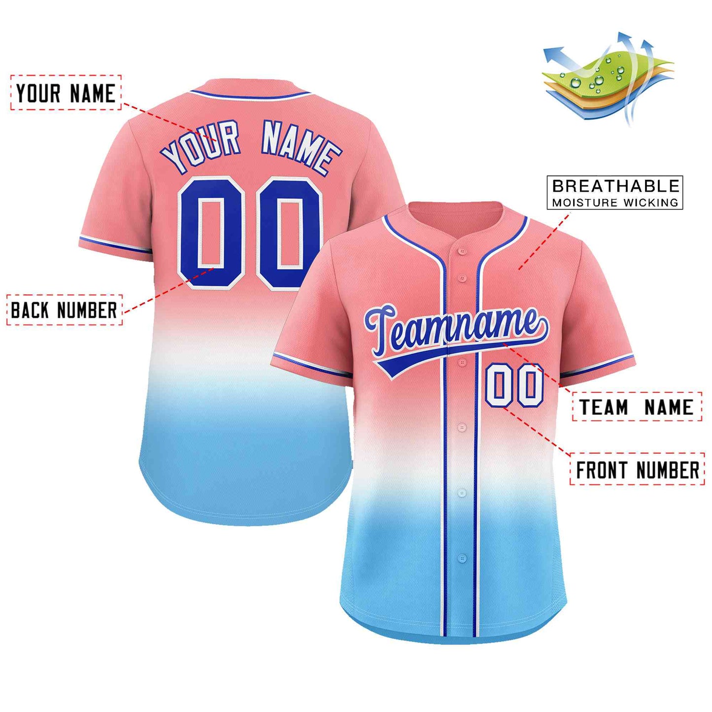 Custom Light Red Light Blue Royal-White Gradient Fashion Authentic Baseball Jersey