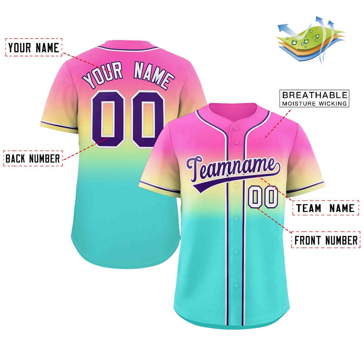 Custom Rose Pink Aqua Purple-White Gradient Fashion Authentic Baseball Jersey