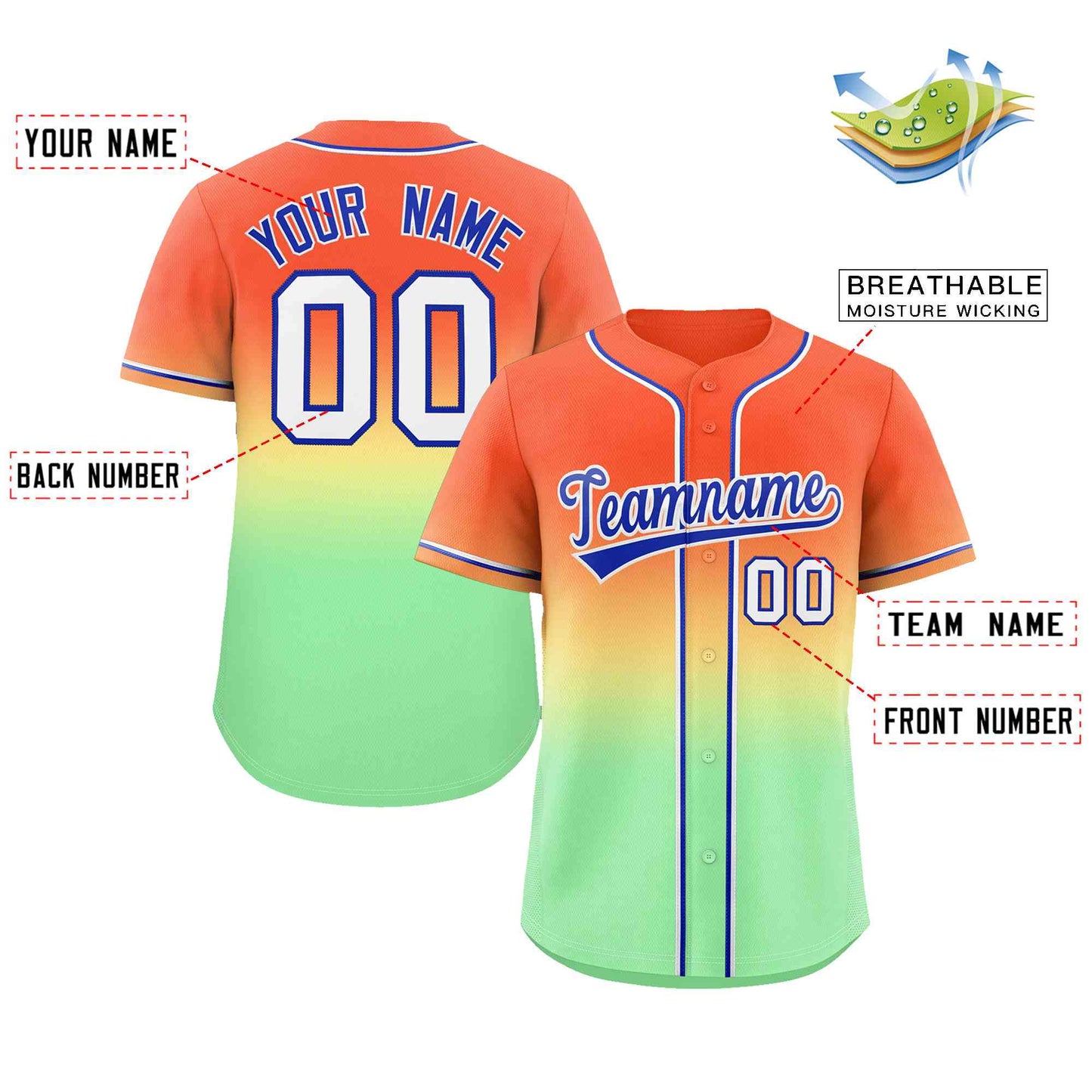 Custom Orange Neon Green Royal-White Gradient Fashion Authentic Baseball Jersey