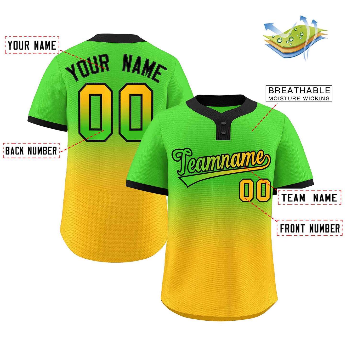 Custom Neon Green Gold Green-Black Gradient Fashion Authentic Two-Button Baseball Jersey