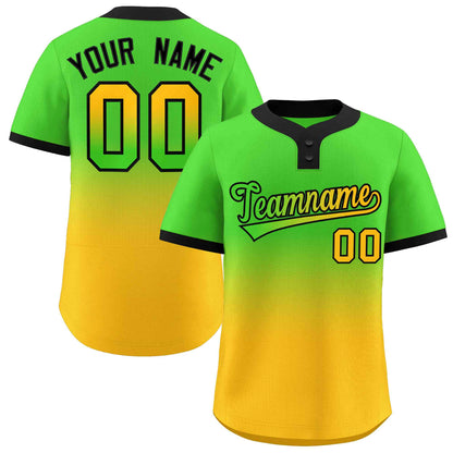 Custom Neon Green Gold Green-Black Gradient Fashion Authentic Two-Button Baseball Jersey