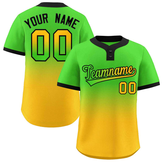 Custom Neon Green Gold Green-Black Gradient Fashion Authentic Two-Button Baseball Jersey