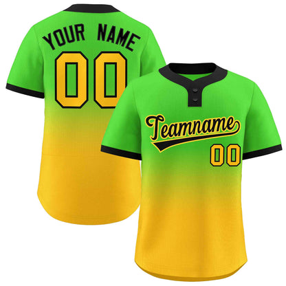 Custom Neon Green Gold Black-Gold Gradient Fashion Authentic Two-Button Baseball Jersey