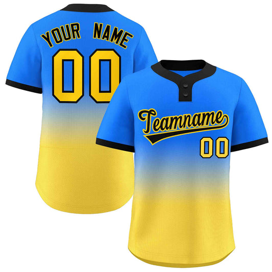 Custom Light Blue Gold Black-Gold Gradient Fashion Authentic Two-Button Baseball Jersey