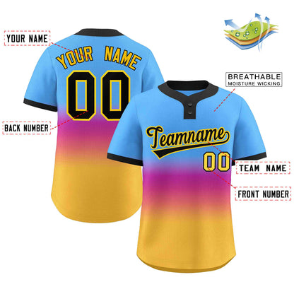 Custom Powder Blue Purple Black-Gold Gradient Fashion Authentic Two-Button Baseball Jersey