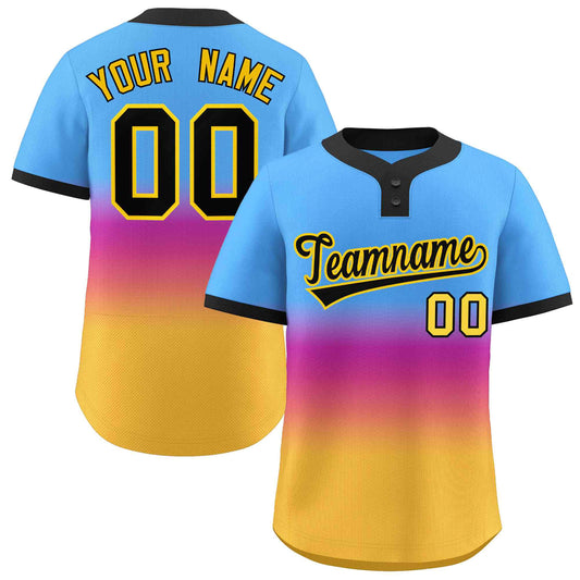 Custom Powder Blue Purple Black-Gold Gradient Fashion Authentic Two-Button Baseball Jersey