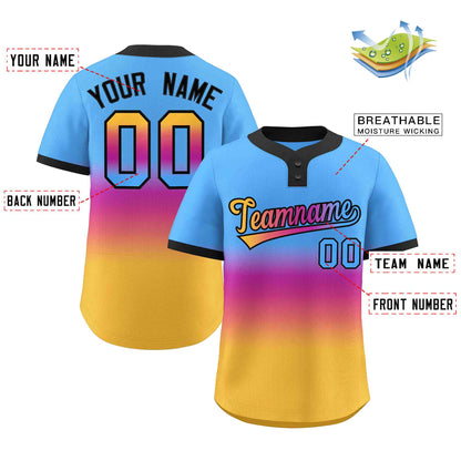 Custom Powder Blue Purple Gold-Pink Gradient Fashion Authentic Two-Button Baseball Jersey