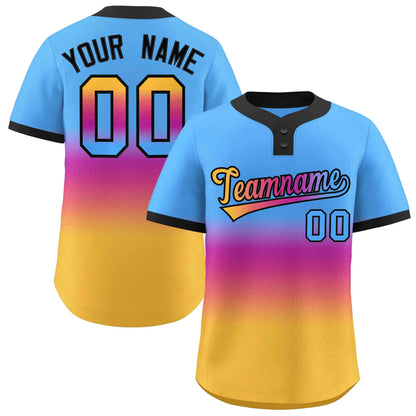 Custom Powder Blue Purple Gold-Pink Gradient Fashion Authentic Two-Button Baseball Jersey