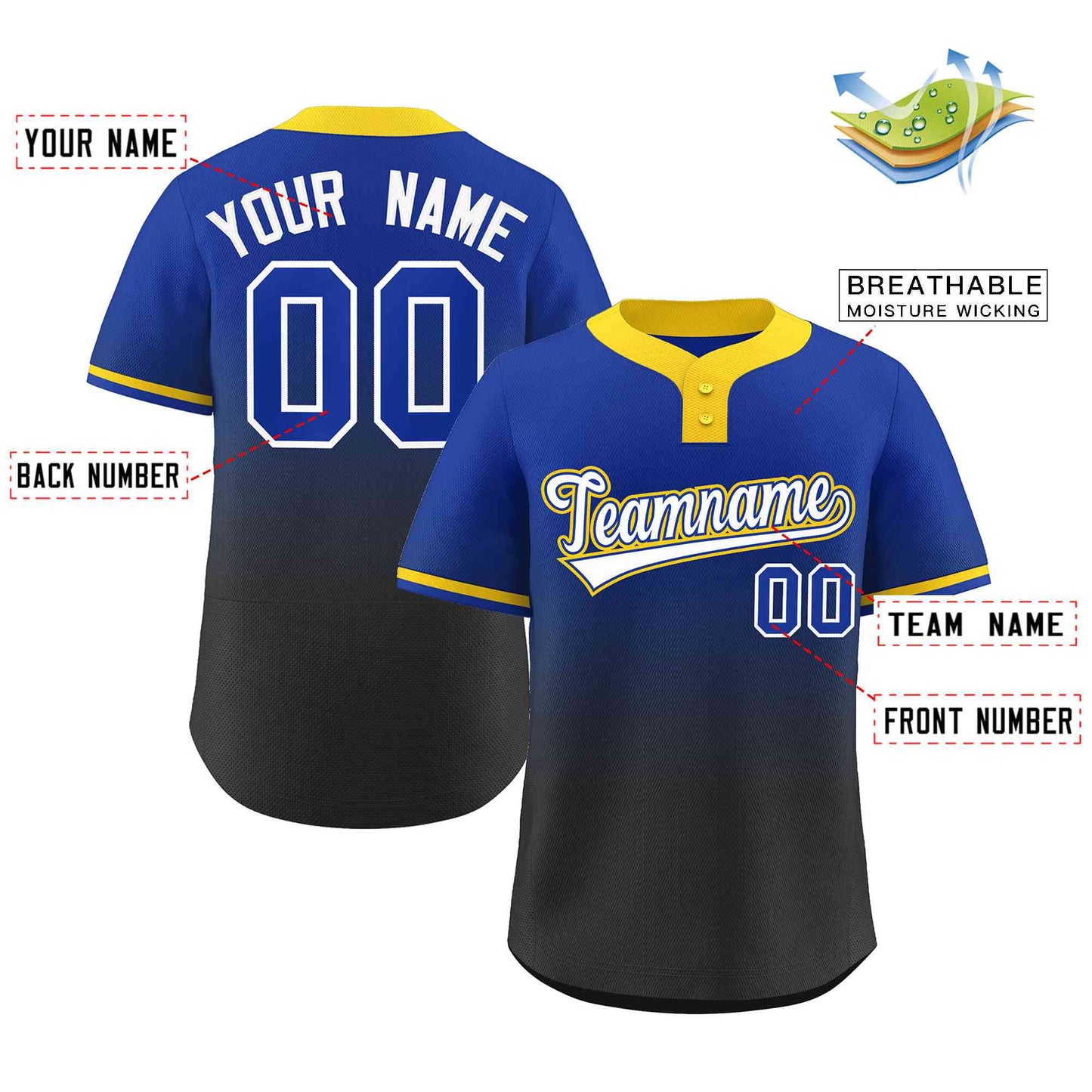 Custom Royal Black White-Royal Gradient Fashion Authentic Two-Button Baseball Jersey