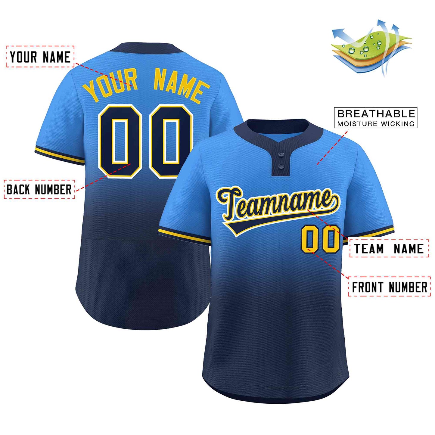 Custom Powder Blue Navy Navy-Gold Gradient Fashion Authentic Two-Button Baseball Jersey