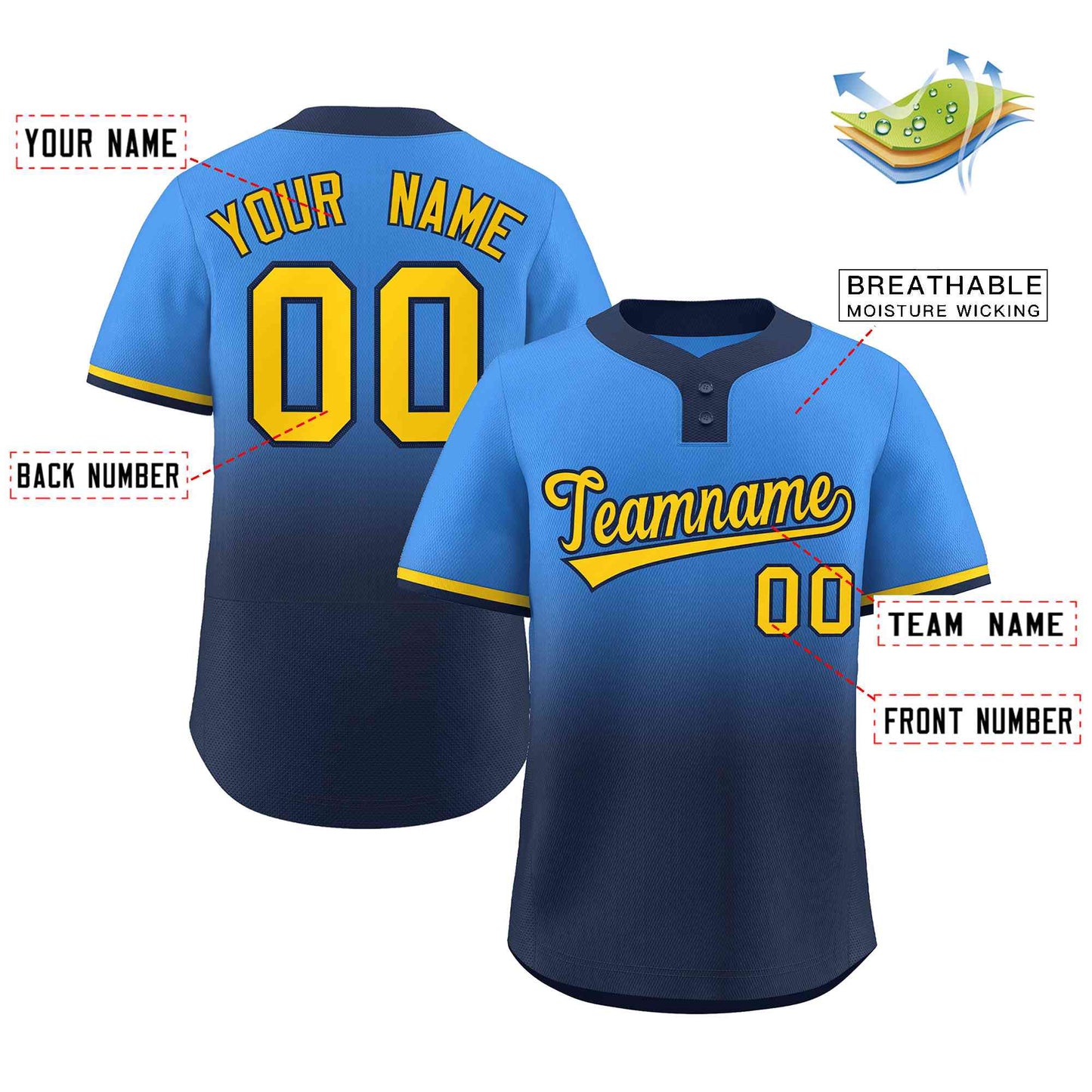 Custom Powder Blue Navy Gold-Navy Gradient Fashion Authentic Two-Button Baseball Jersey