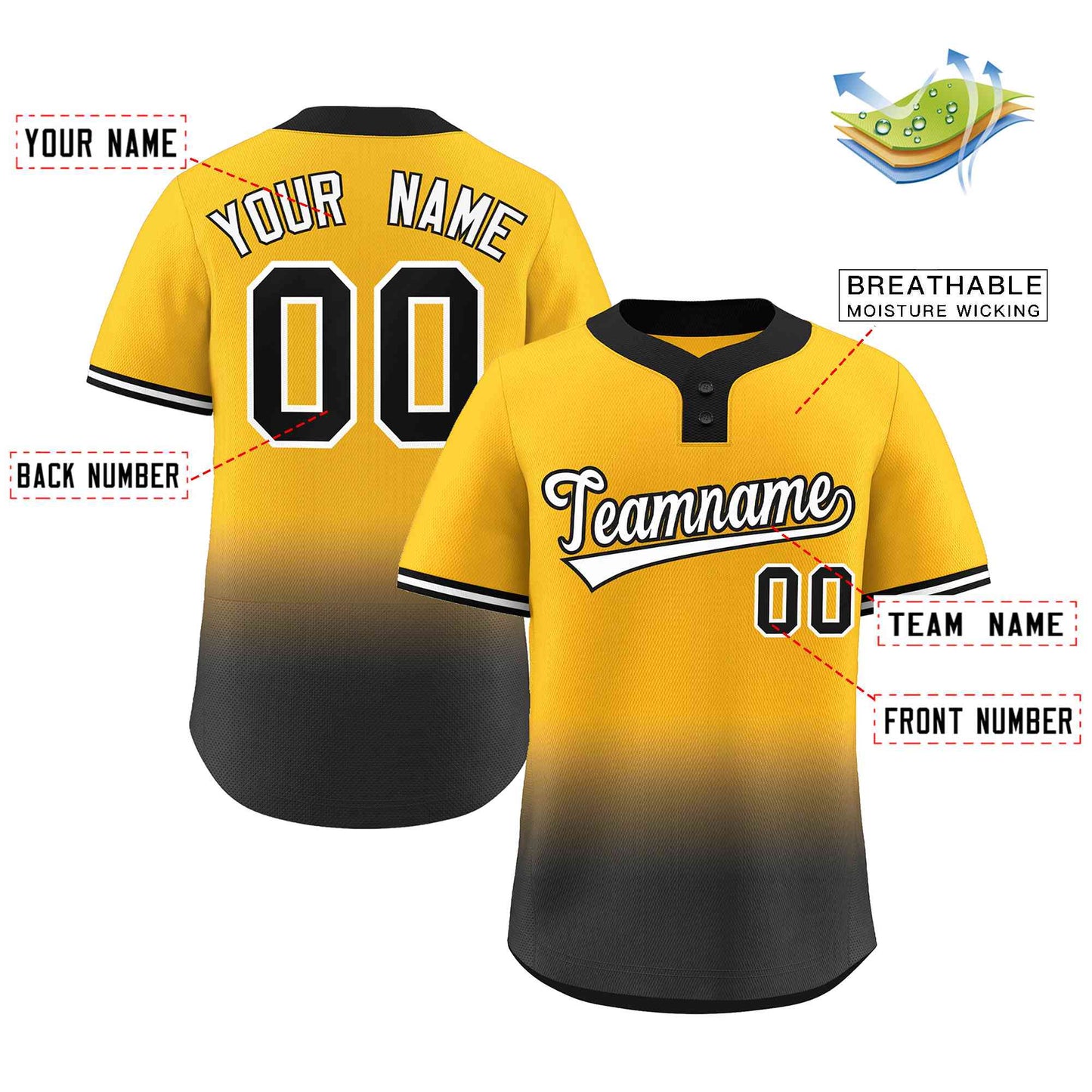 Custom Gold Black White-Black Gradient Fashion Authentic Two-Button Baseball Jersey