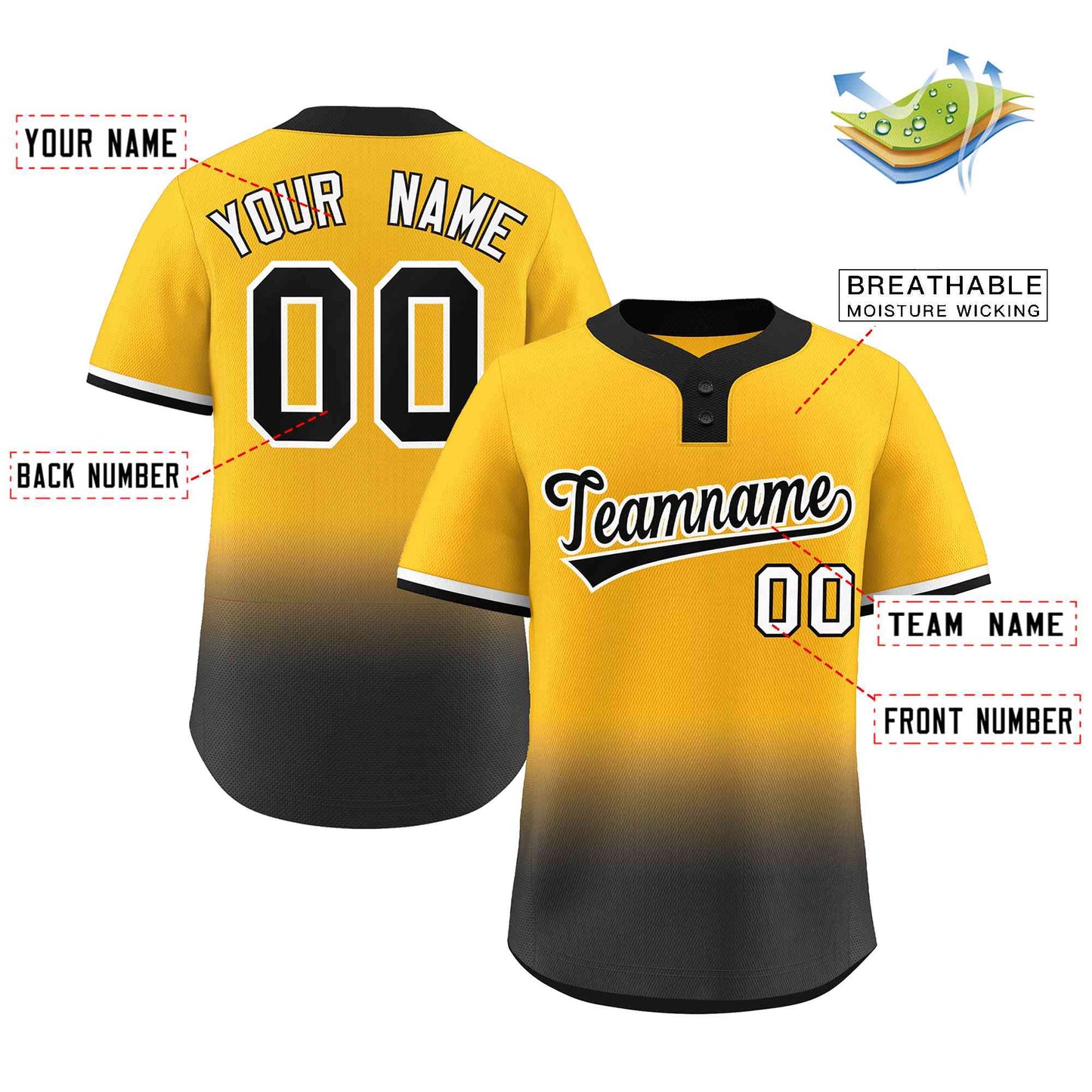 Custom Gold Black Black-White Gradient Fashion Authentic Two-Button Baseball Jersey