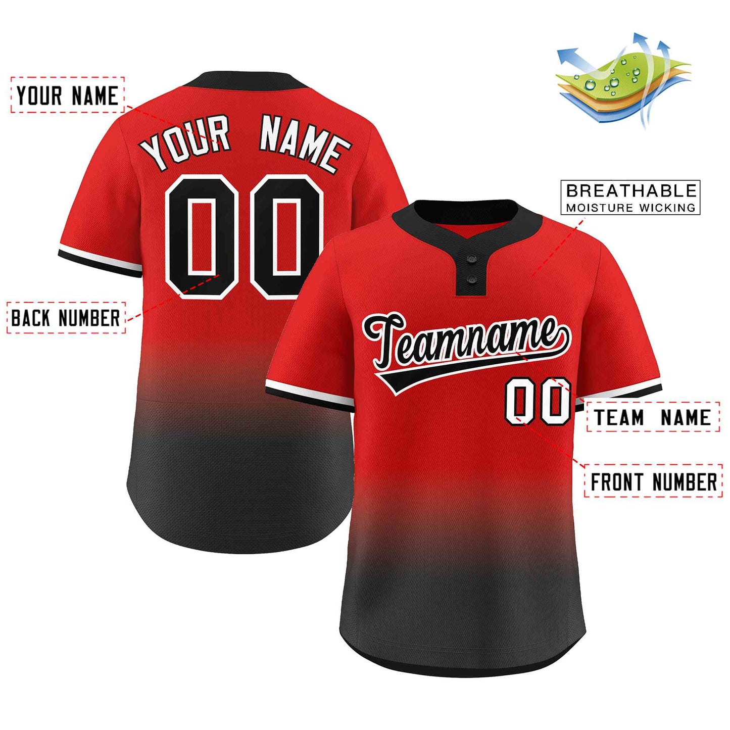 Custom Red Black Black-White Gradient Fashion Authentic Two-Button Baseball Jersey