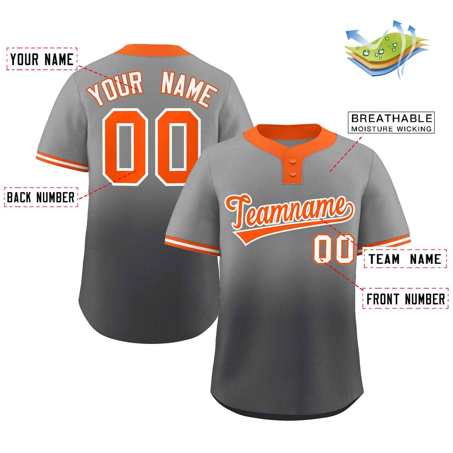 Custom Gray Dark Gray Orange-White Gradient Fashion Authentic Two-Button Baseball Jersey