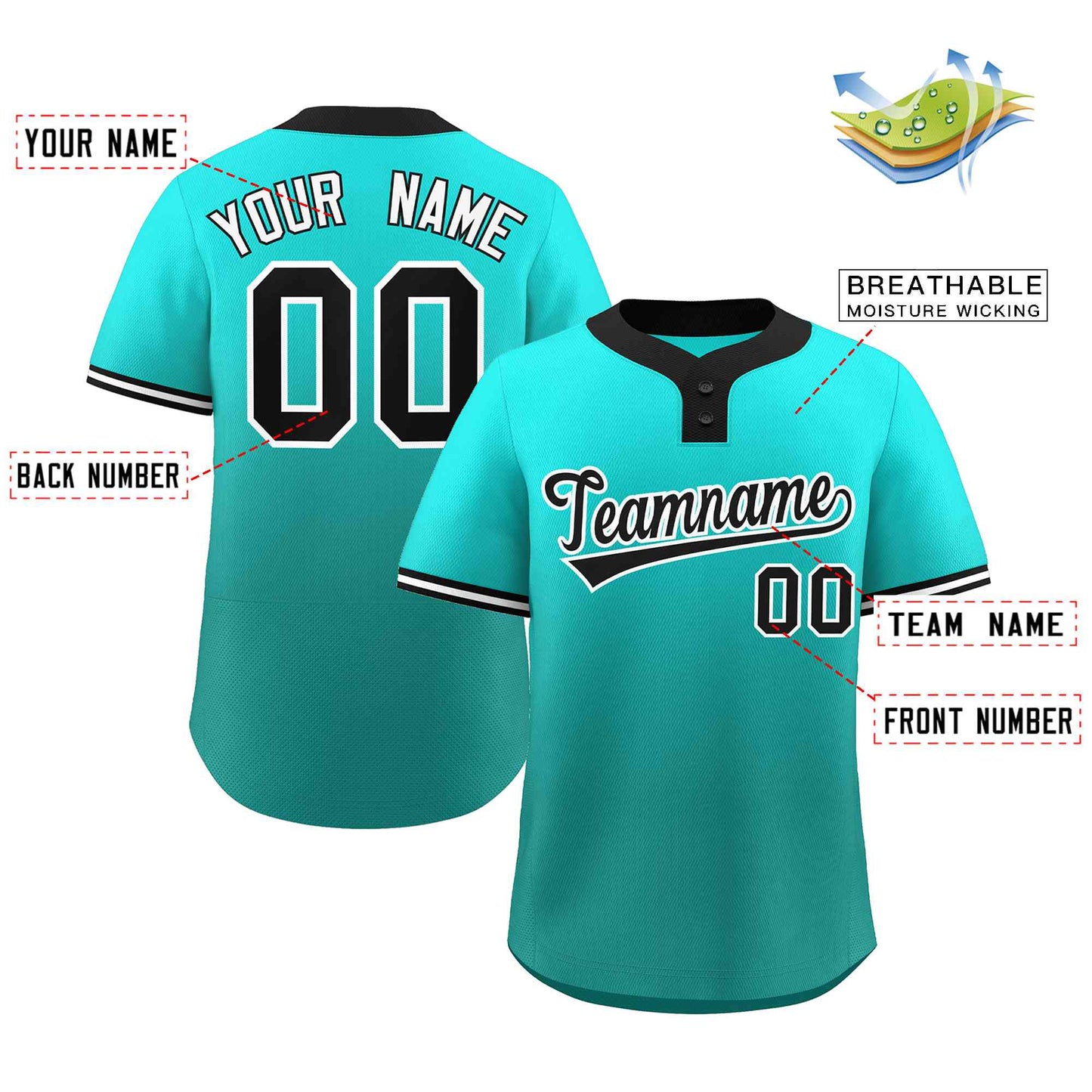 Custom Light Green Aqua Black-White Gradient Fashion Authentic Two-Button Baseball Jersey