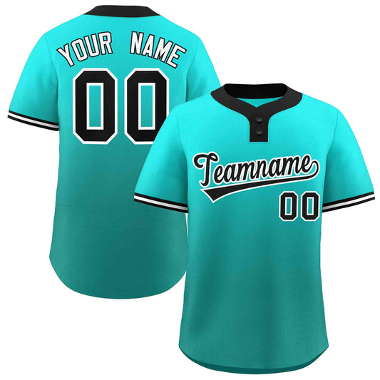 Custom Light Green Aqua Black-White Gradient Fashion Authentic Two-Button Baseball Jersey