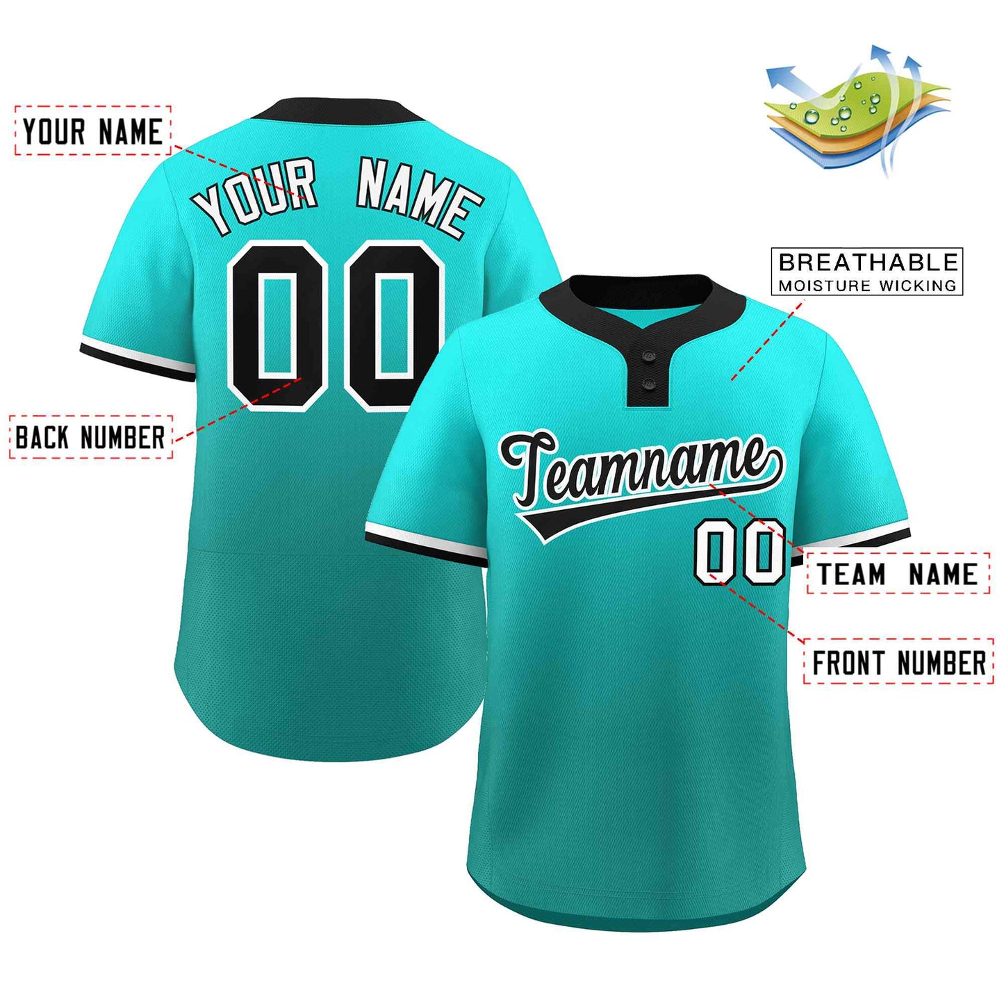 Custom Light Green Aqua Black-White Gradient Fashion Authentic Two-Button Baseball Jersey