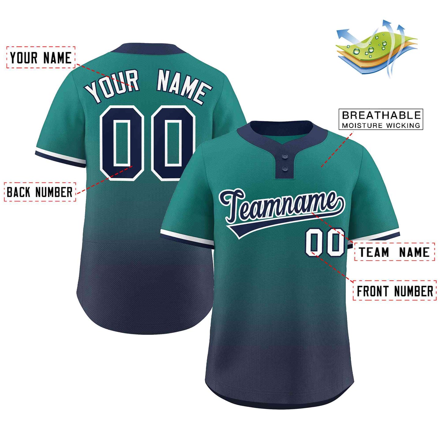 Custom Aqua Navy Navy-White Gradient Fashion Authentic Two-Button Baseball Jersey