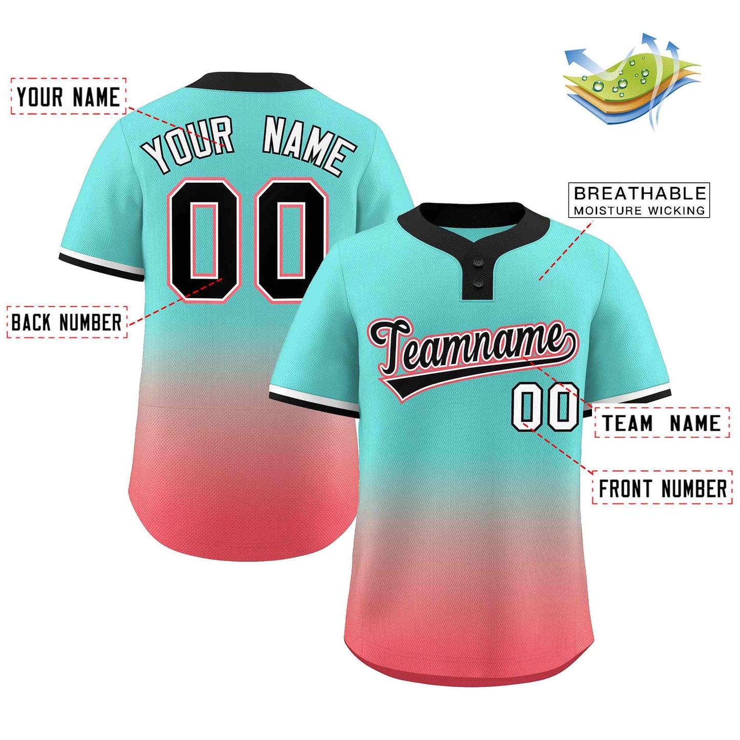 Custom Aqua Light Red Black-White Gradient Fashion Authentic Two-Button Baseball Jersey