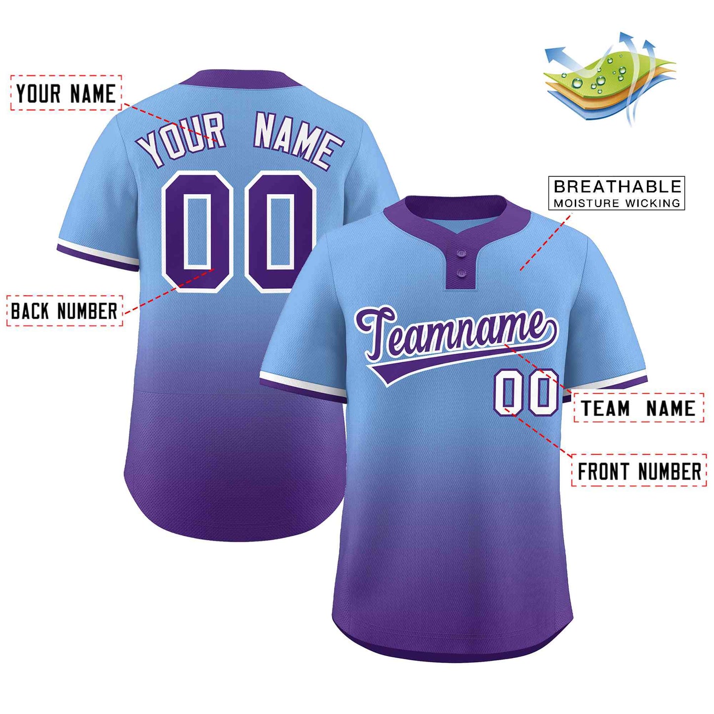 Custom Light Blue Purple Purple-White Gradient Fashion Authentic Two-Button Baseball Jersey