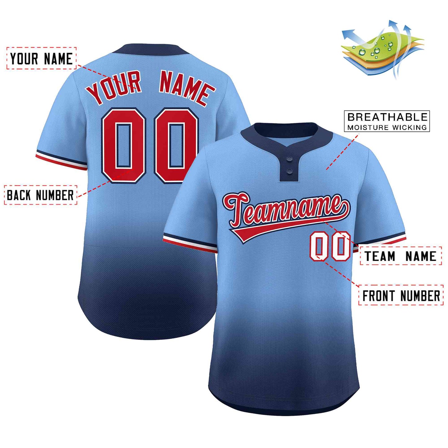 Custom Light Blue Navy Red-White Gradient Fashion Authentic Two-Button Baseball Jersey