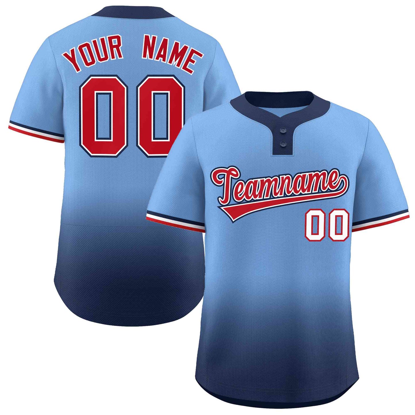 Custom Light Blue Navy Red-White Gradient Fashion Authentic Two-Button Baseball Jersey